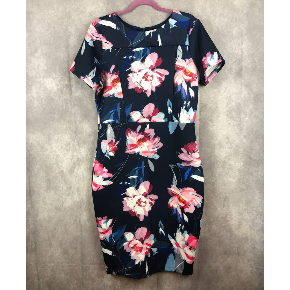 Neiman Marcus Womens Floral Midi Sheath Pencil Dress‎ Short Sleeves Slit Size XL